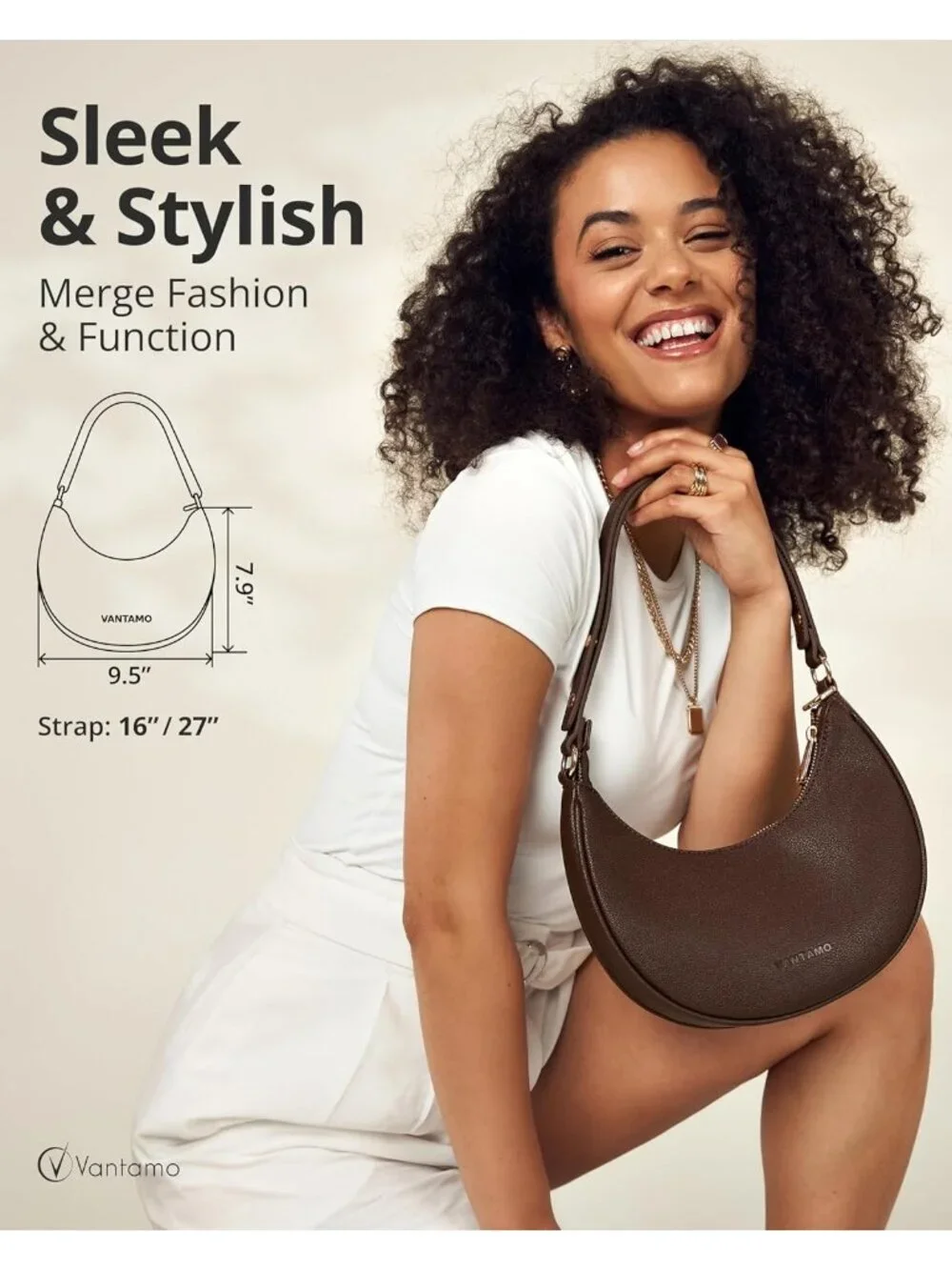 Vantamo Women's Bag Brown Half Moon Clutch with Anti-Theft Clip for Extra Safety